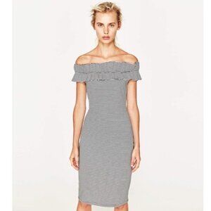Zara Trafaluc NWT ruffle off shoulder black  and white striped bodycon dress SP